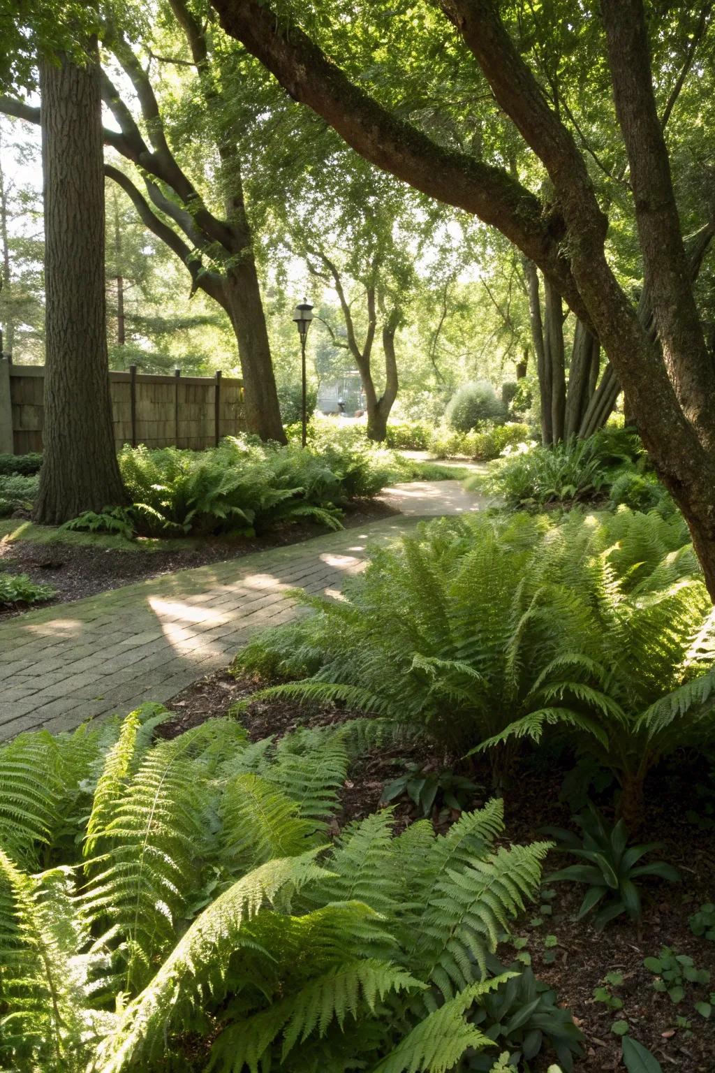 A serene shade garden with thriving ostrich ferns.