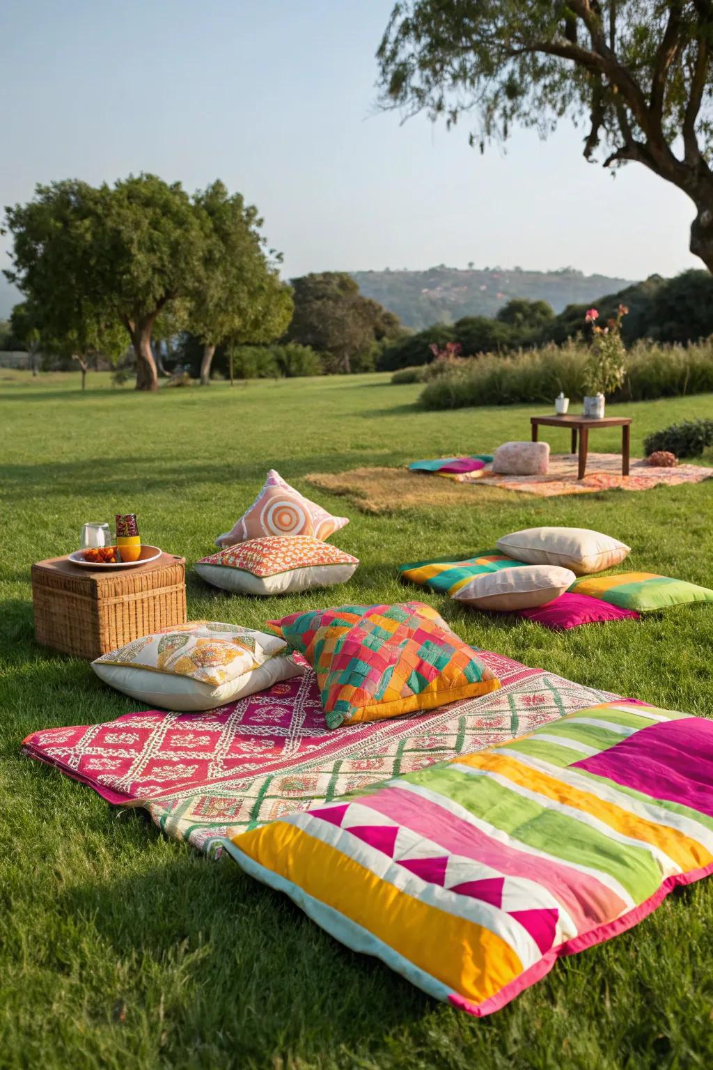 Picnic blanket seating offers a casual and comfortable setup for guests.