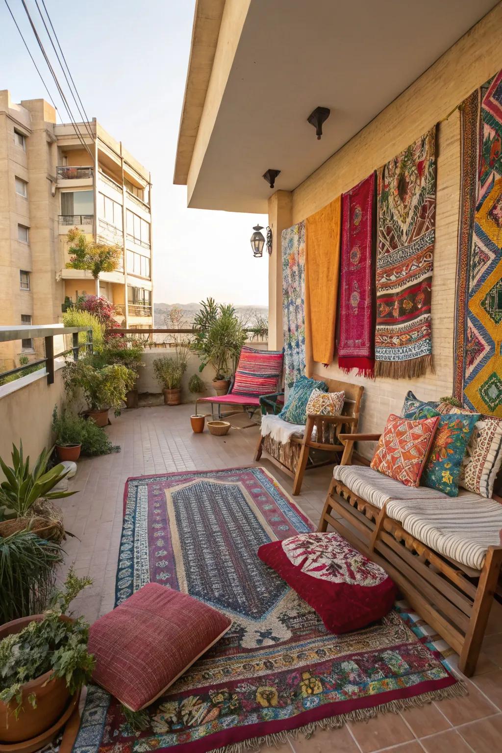 Textiles add a splash of color and comfort to this patio.