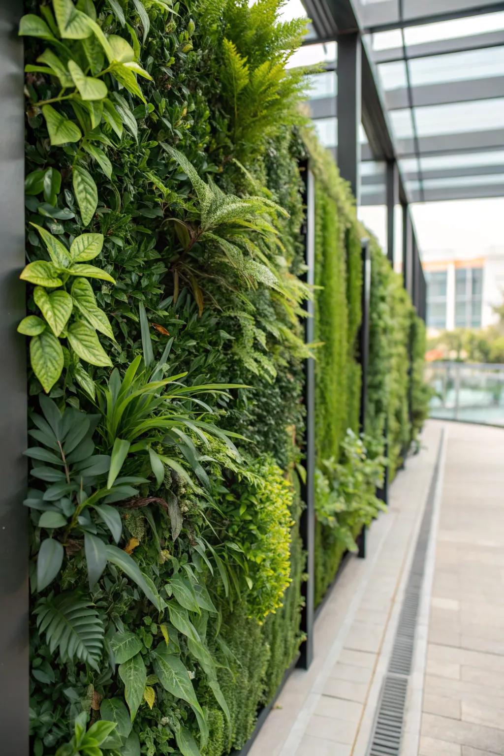 Save space with a vertical garden of faux foliage.