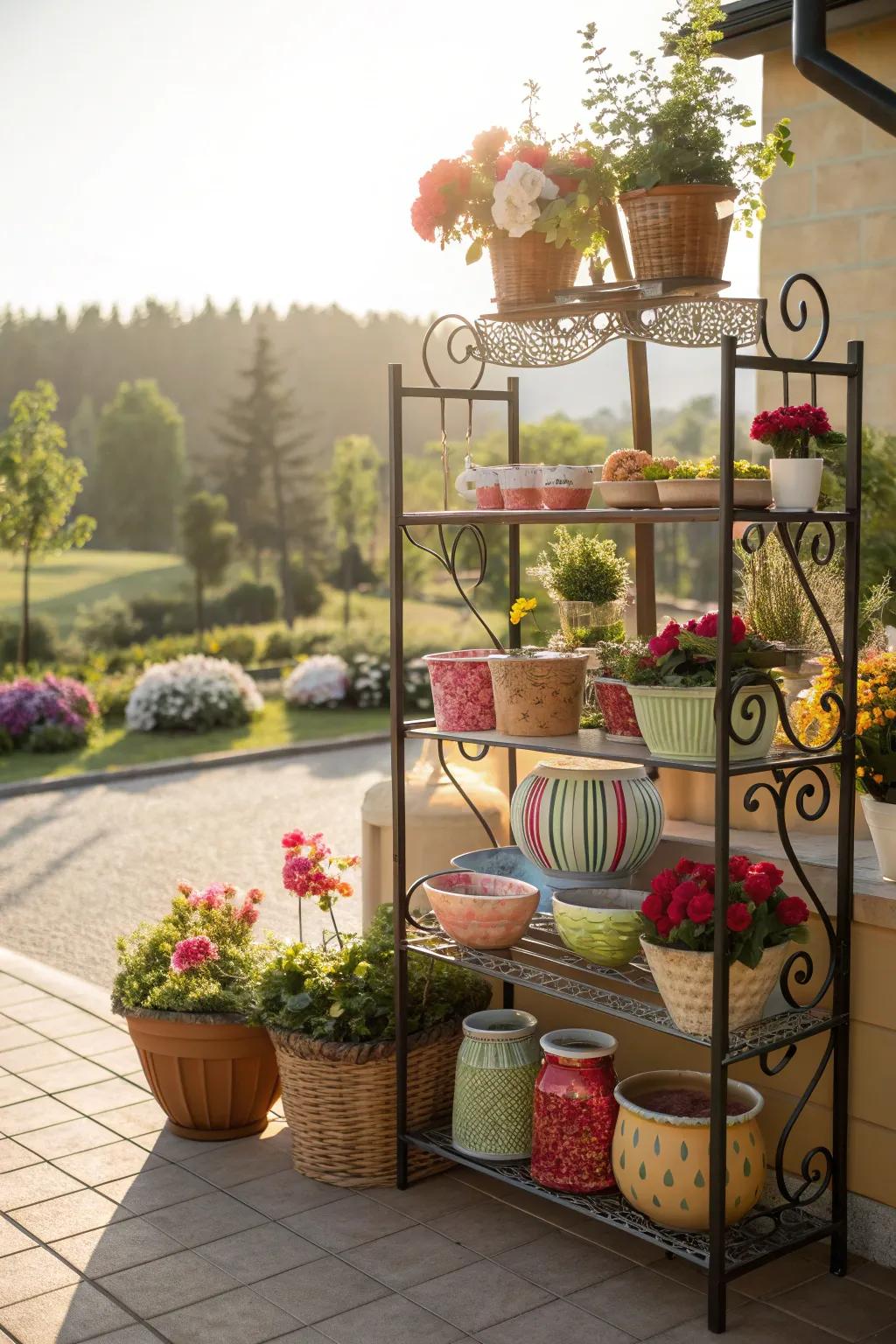 A lively display of colors on a baker's rack, adding vibrancy to the garden.