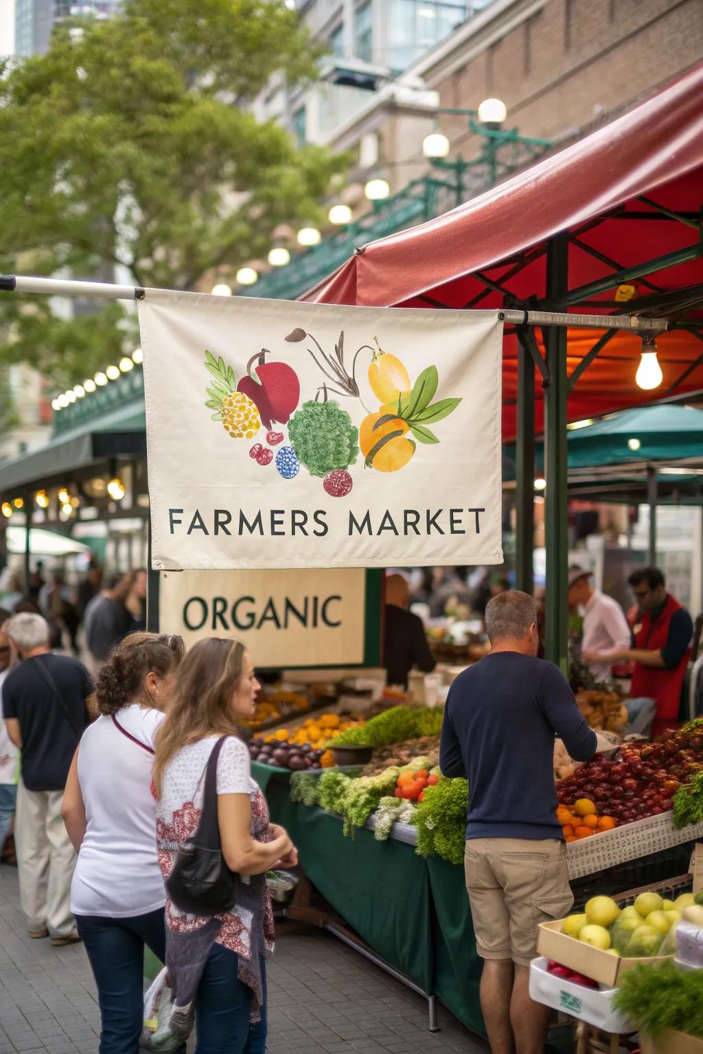 Attract market-goers with a vibrant farmers market banner.