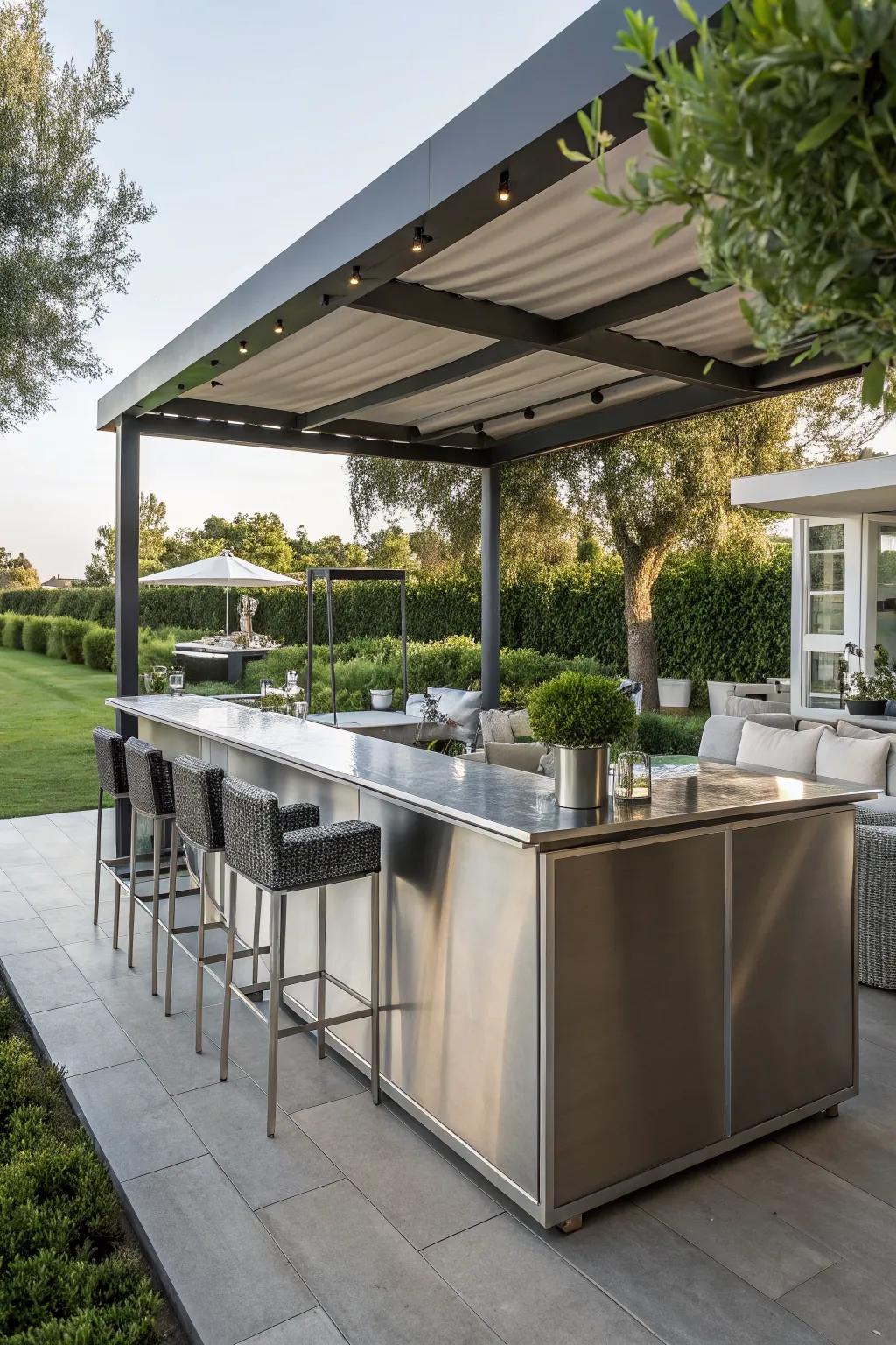 Stainless steel countertops bring a sleek, modern touch to outdoor bars.