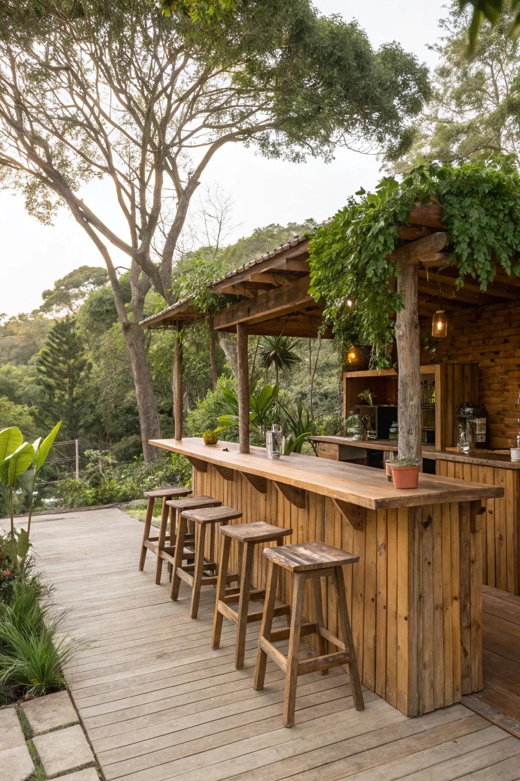A rustic wooden bar brings timeless charm.