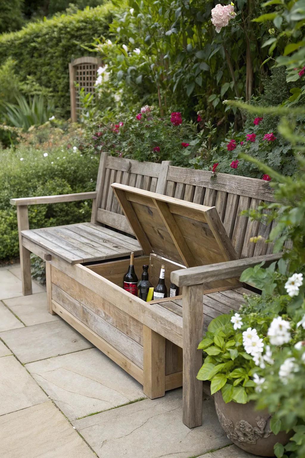 A bench with a hidden bar offers both seating and storage.