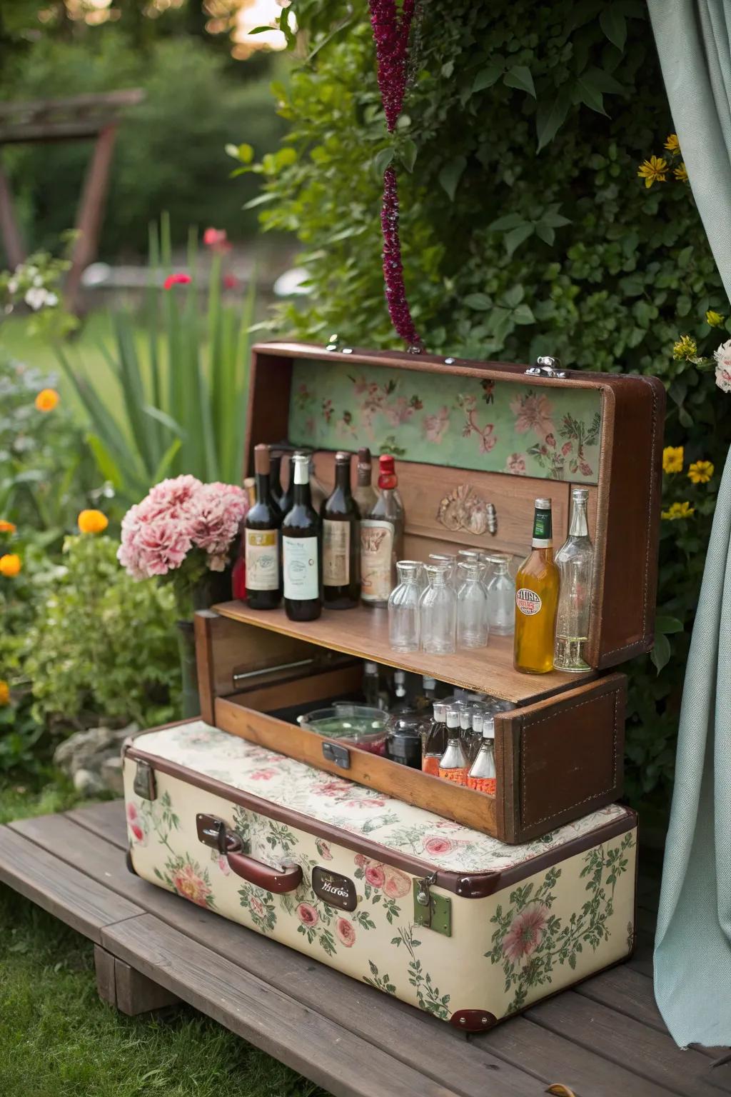 A vintage suitcase adds a unique charm to your outdoor bar.