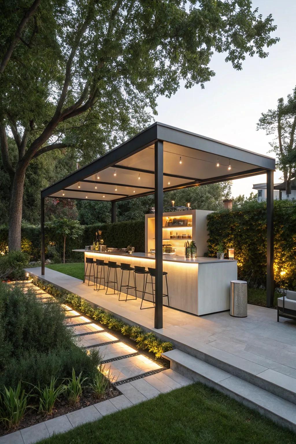 A steel canopy provides a modern edge to your outdoor bar setup.