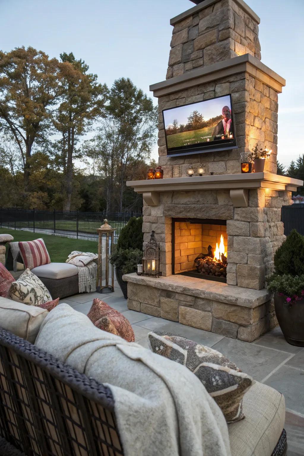 Combine warmth and entertainment with a fireside TV setup.