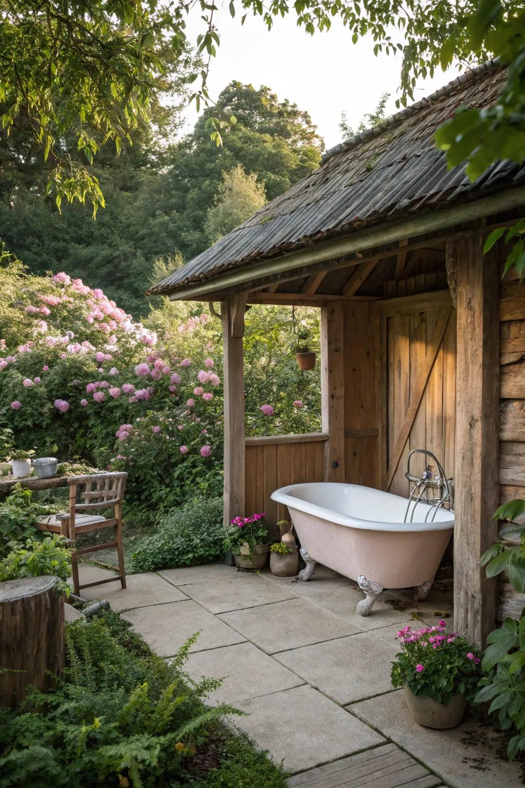 A freestanding tub adds elegance to the bathhouse.