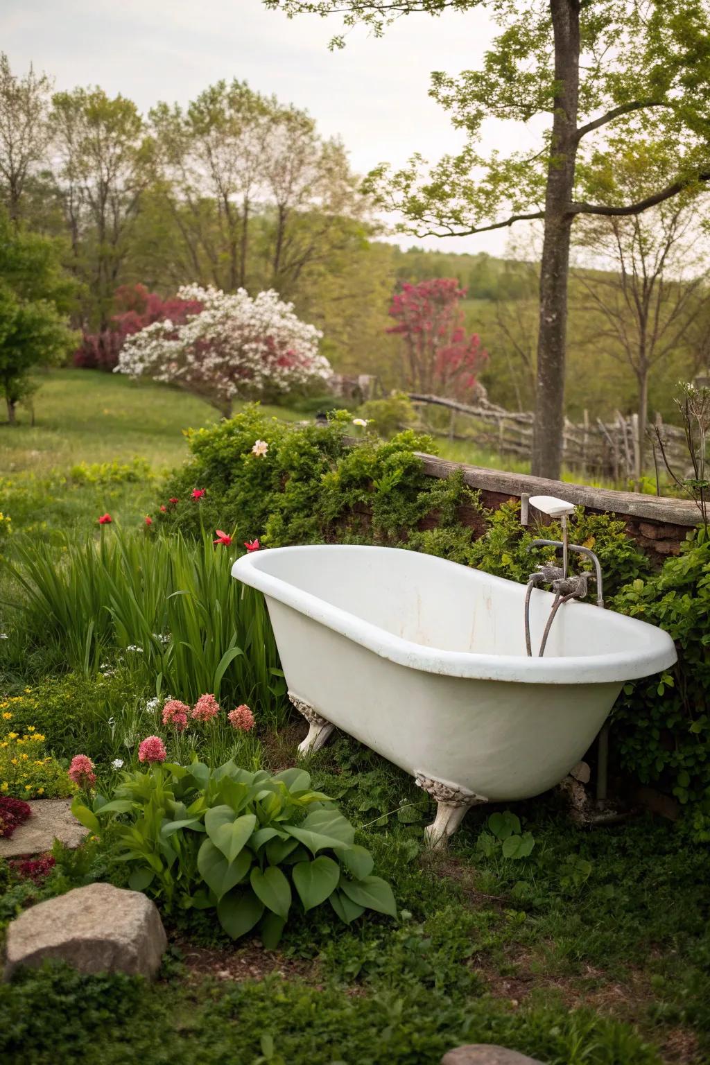 Vintage charm with a clawfoot tub in the garden.