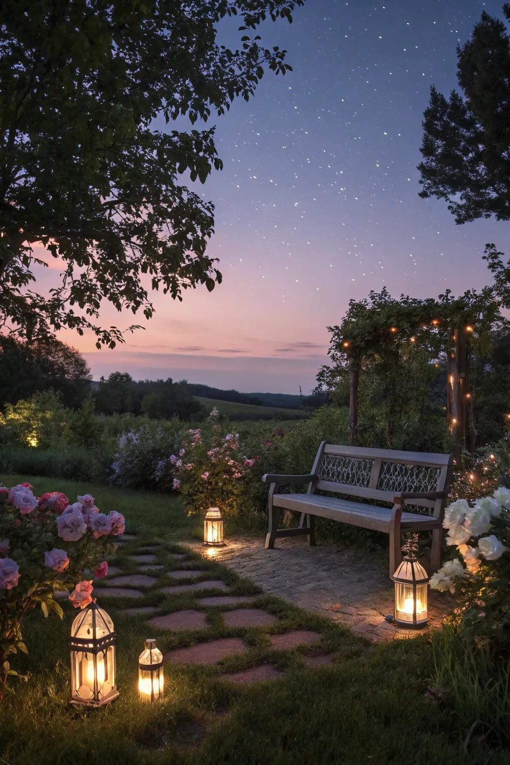 An outdoor bench illuminated by glowing lanterns at twilight.