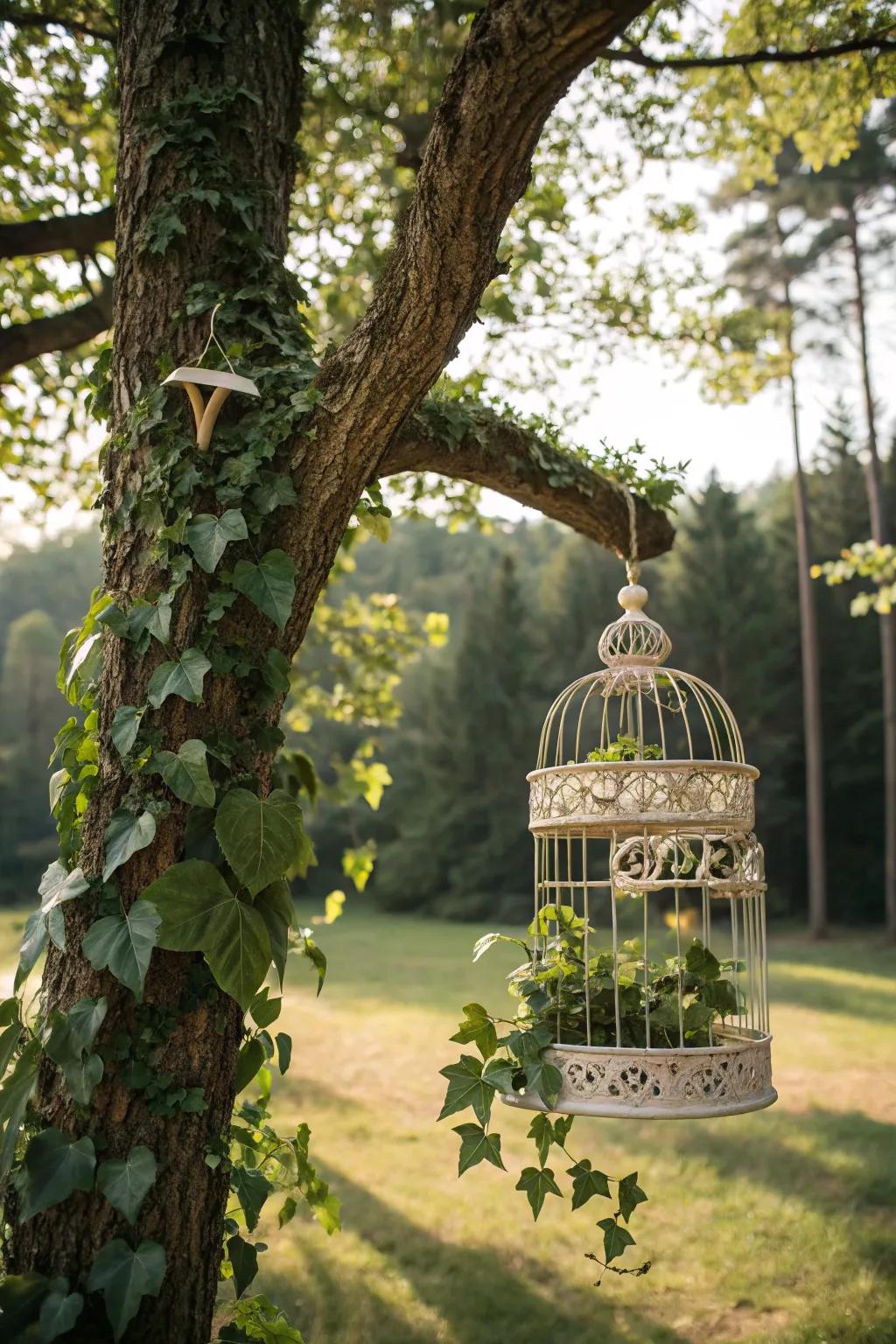 A hanging bird cage adds whimsy and elegance to any tree.