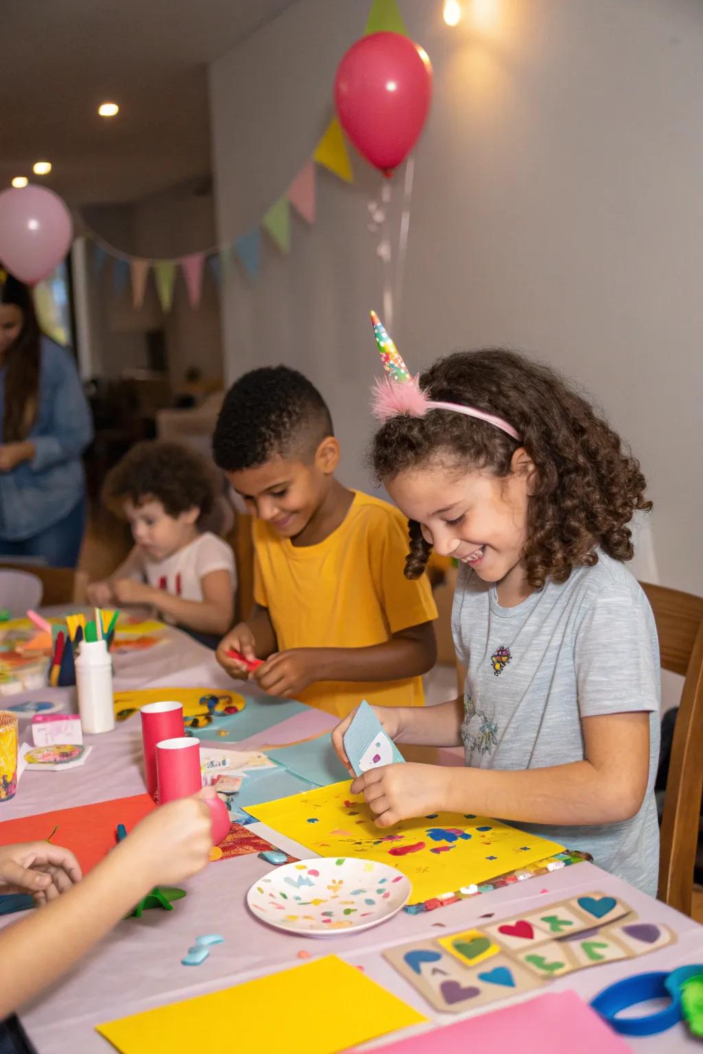 Kids busy at a craft table, creating colorful art projects for a birthday celebration.