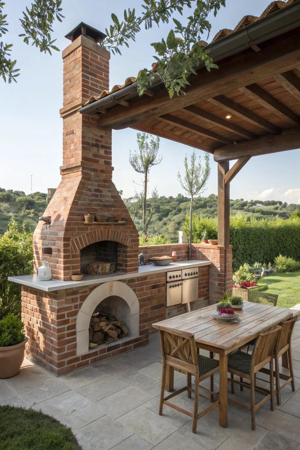An integrated outdoor kitchen with a brick fireplace for ultimate entertaining.