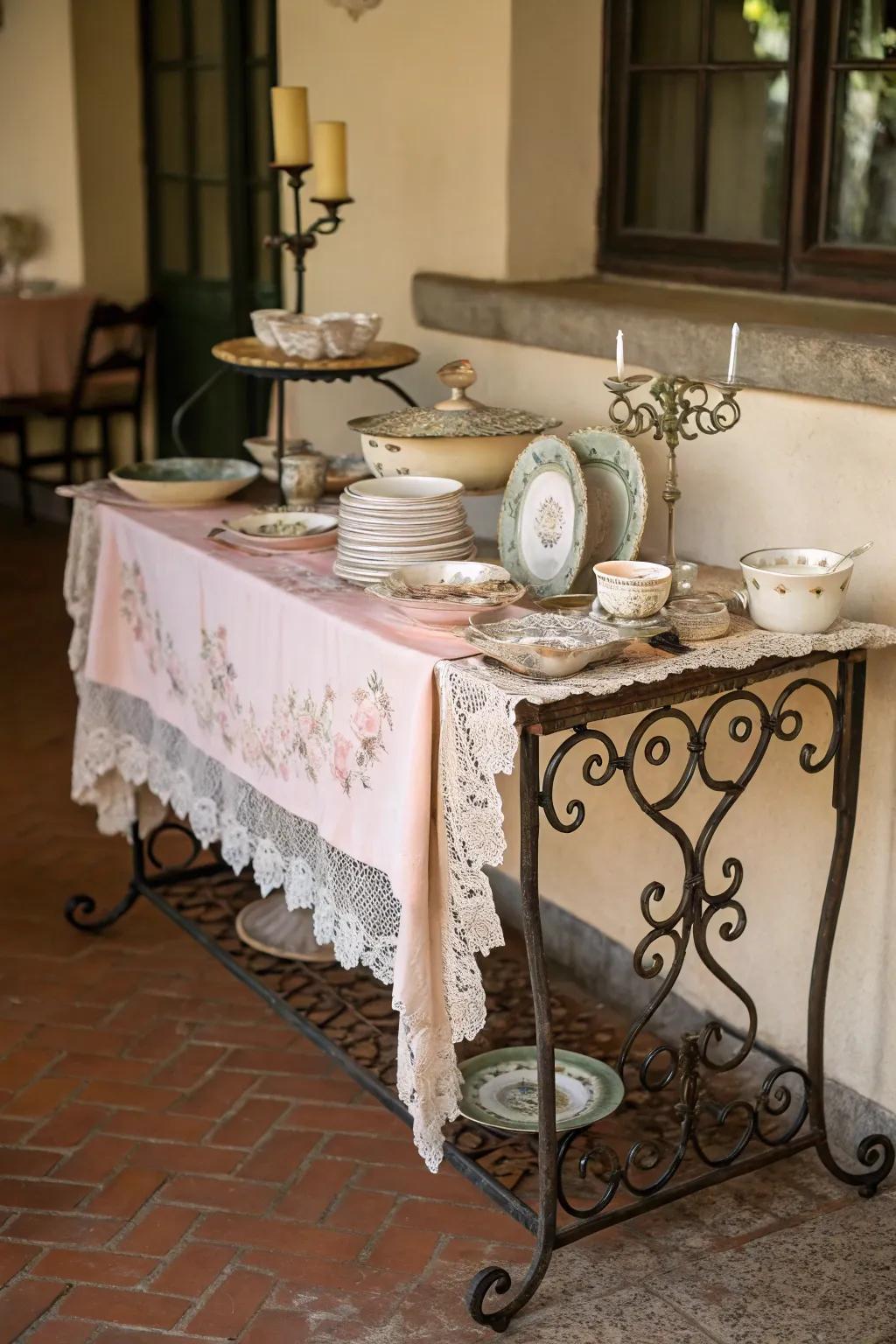 Vintage elegance captured with a wrought iron buffet table.