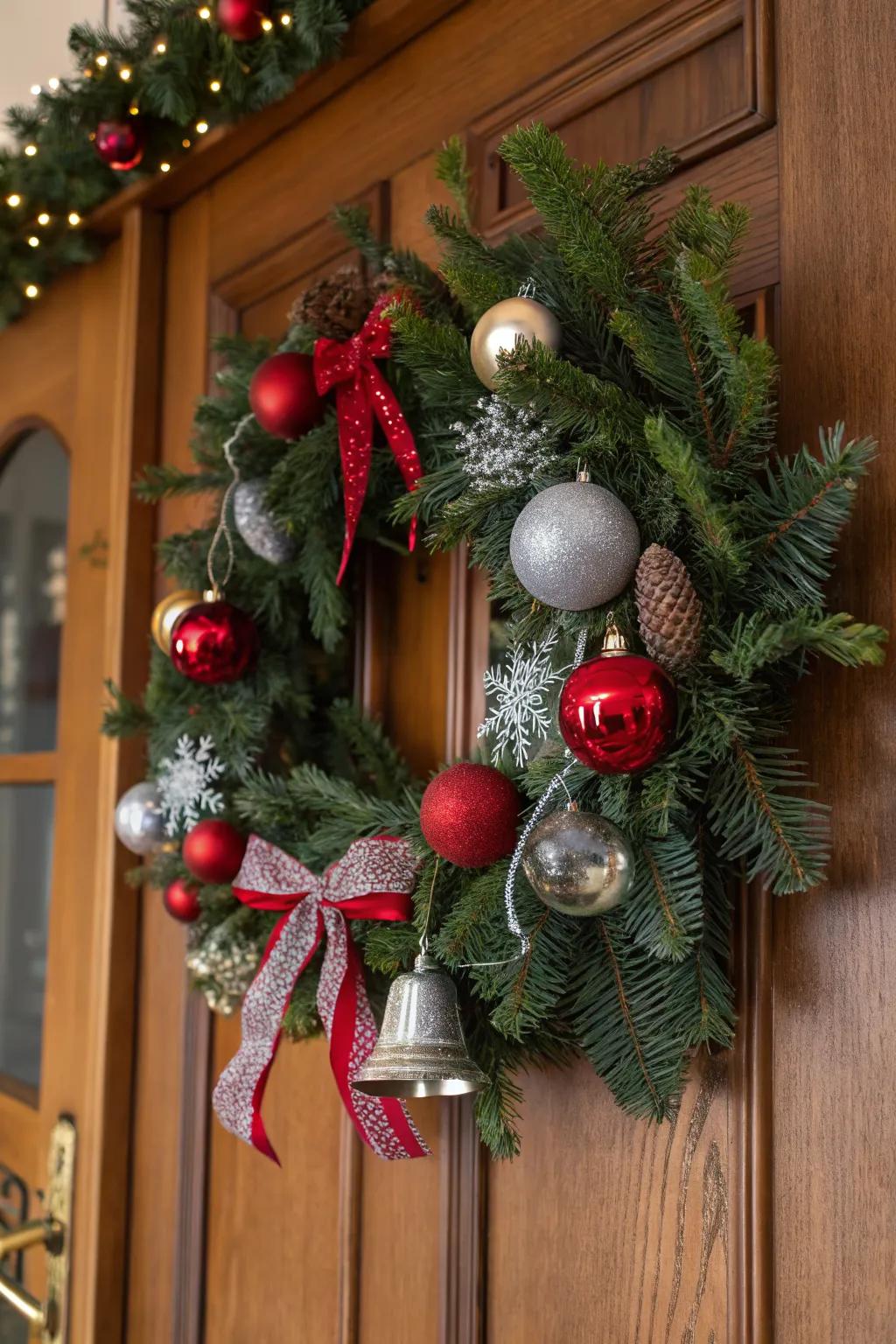 A festive wreath bursting with colorful ornaments.