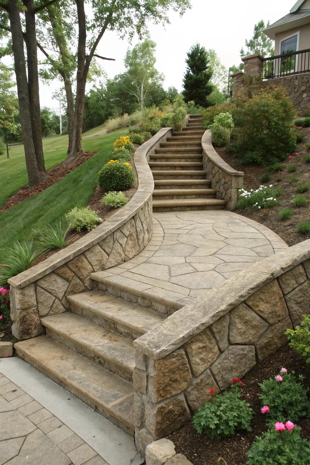Concrete stairs transformed with elegant stone veneer.
