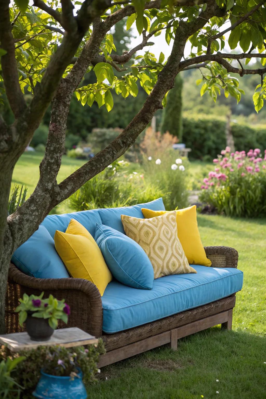 Liven up your outdoor couch with colorful cushions.