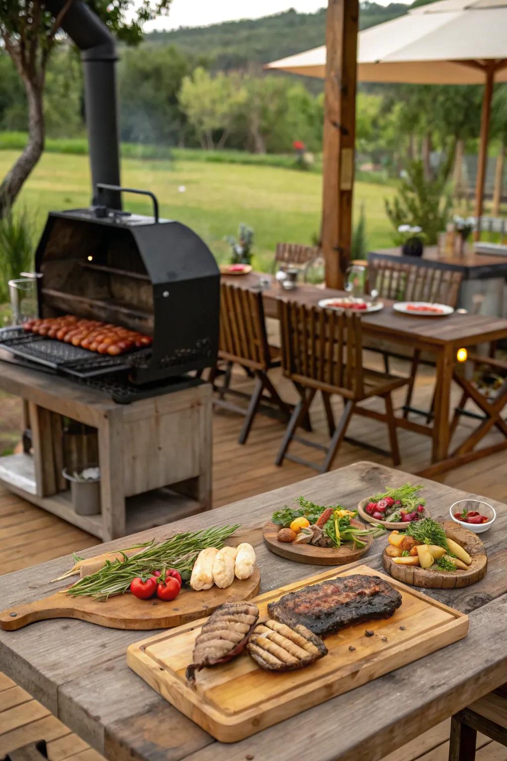 A lively 'I Do BBQ' theme with delicious grilled offerings and a relaxed dining setup.