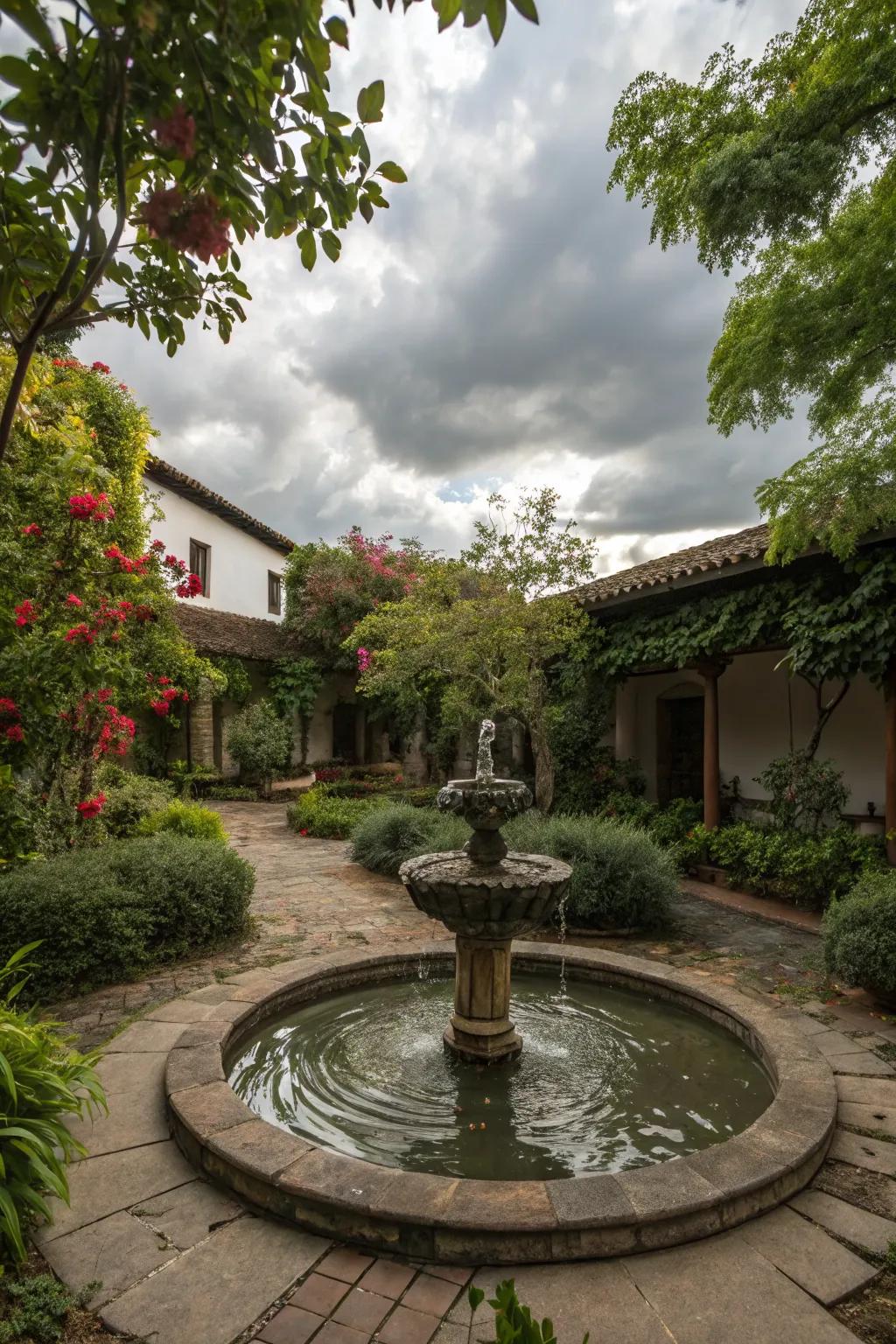 A water feature adds tranquility to any courtyard.
