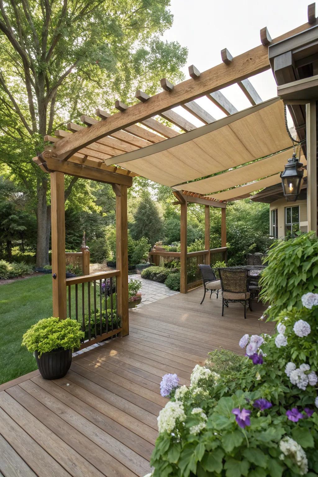 A pergola with a canopy creates a stylish shaded area.
