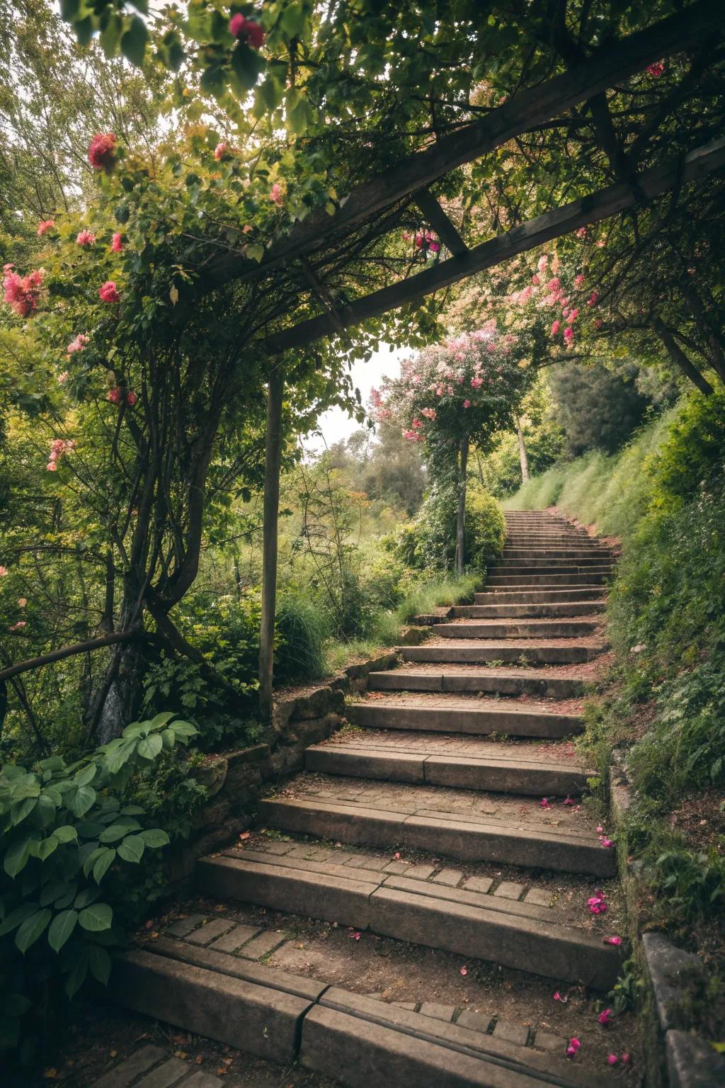 Wooden steps paired with greenery offer a warm, natural atmosphere.