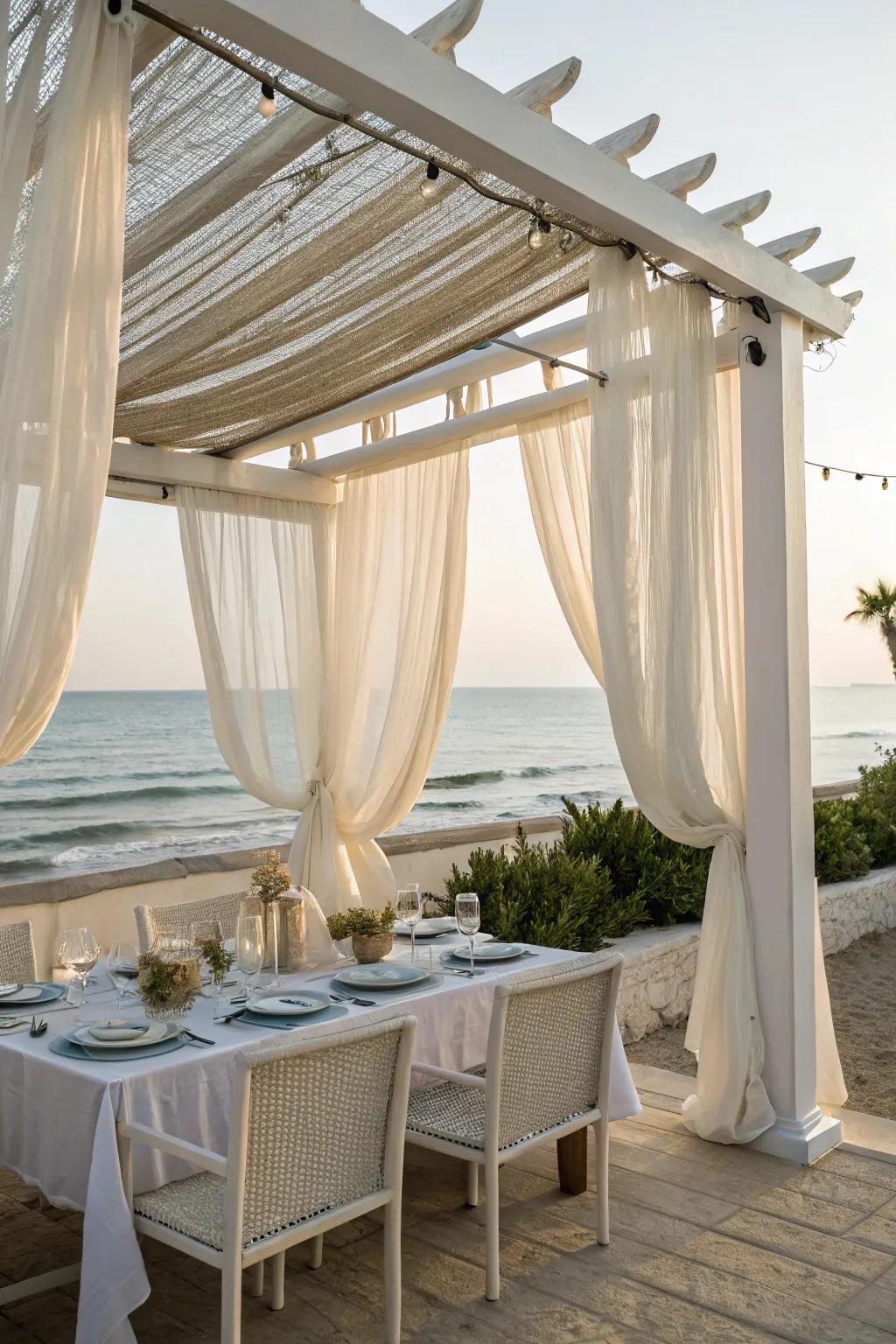 A white pergola brings coastal vibes to your backyard.