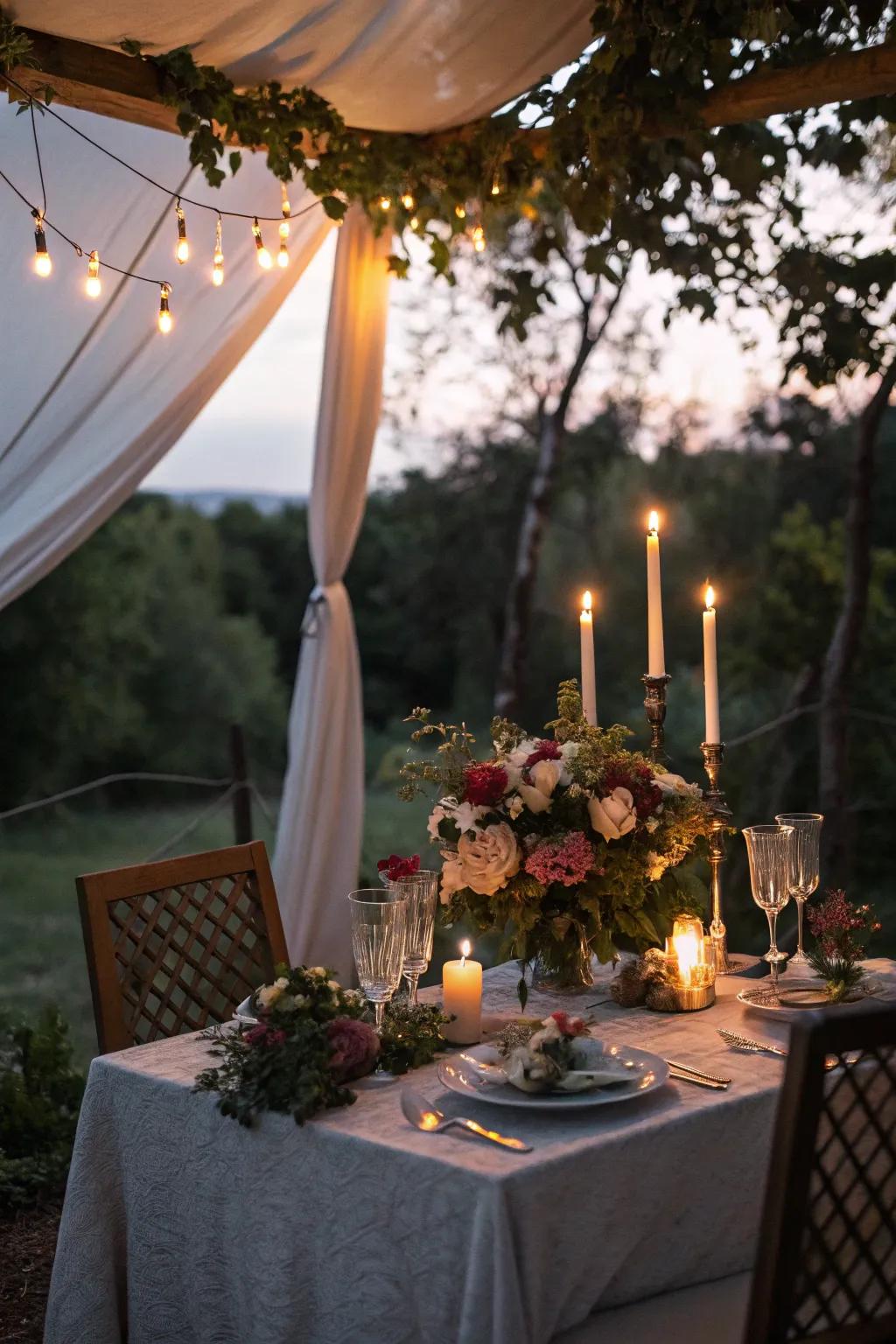 A romantic candlelit dinner under a canopy of greenery.