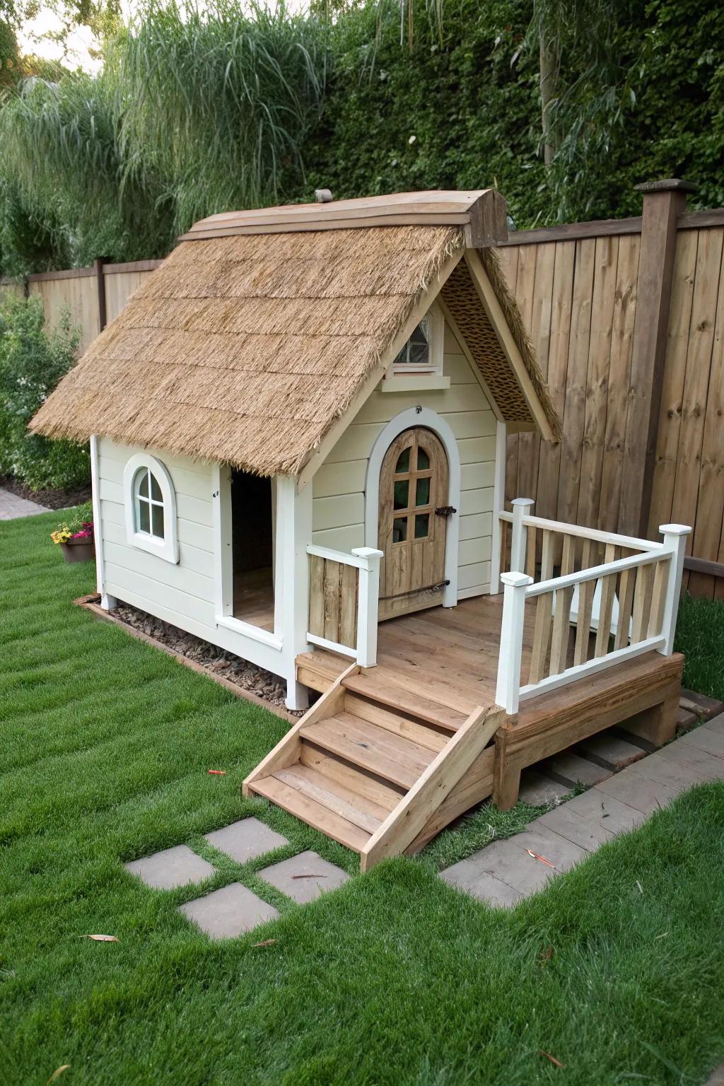 A dog house with a charming porch perfect for lounging.