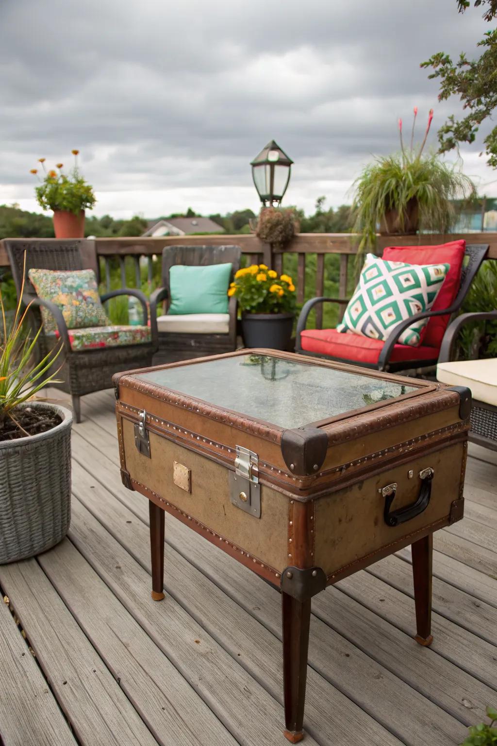 A vintage suitcase adds nostalgic charm and storage to your outdoor space.
