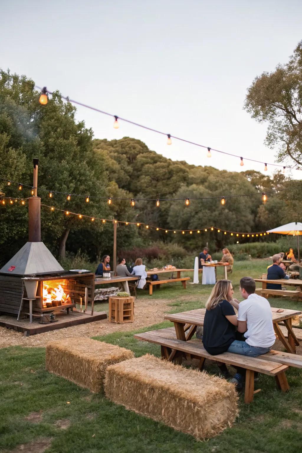 A rustic BBQ engagement party under the stars.