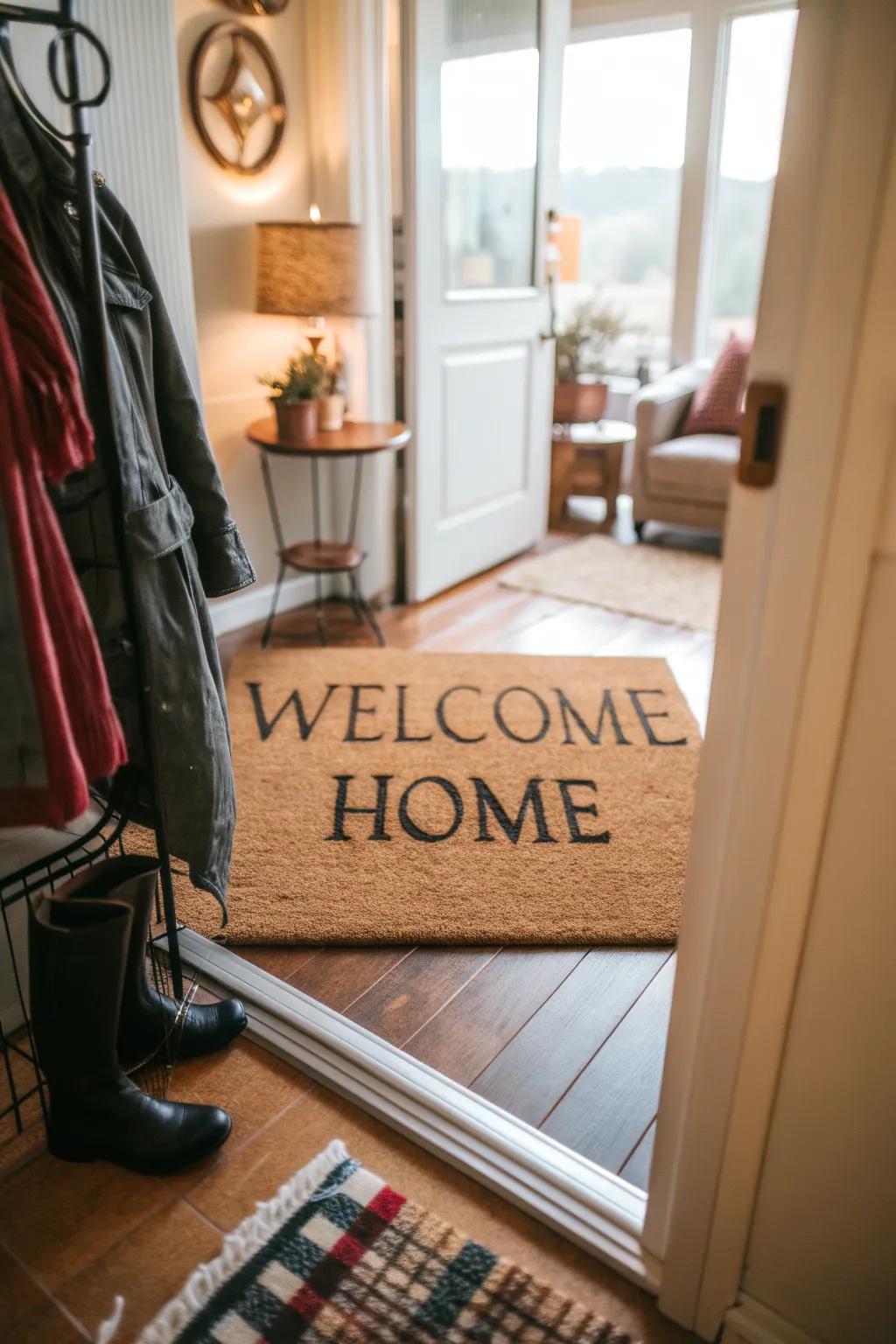 A personalized welcome mat adds charm and character.