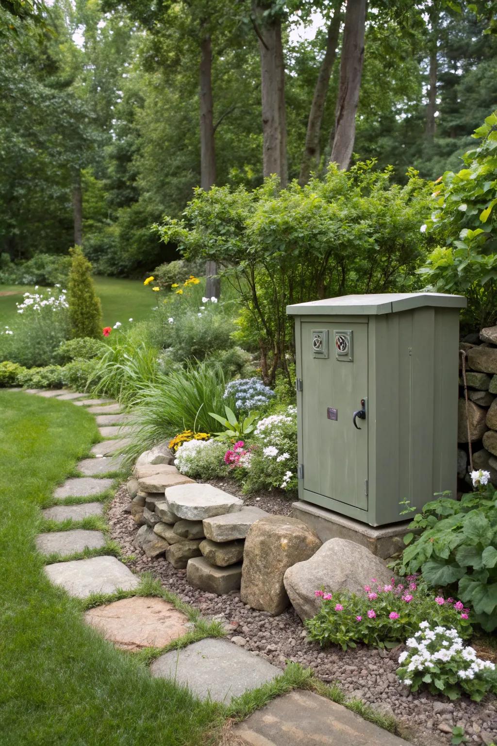 Natural stone arrangements offer a subtle and effective disguise for utility boxes.