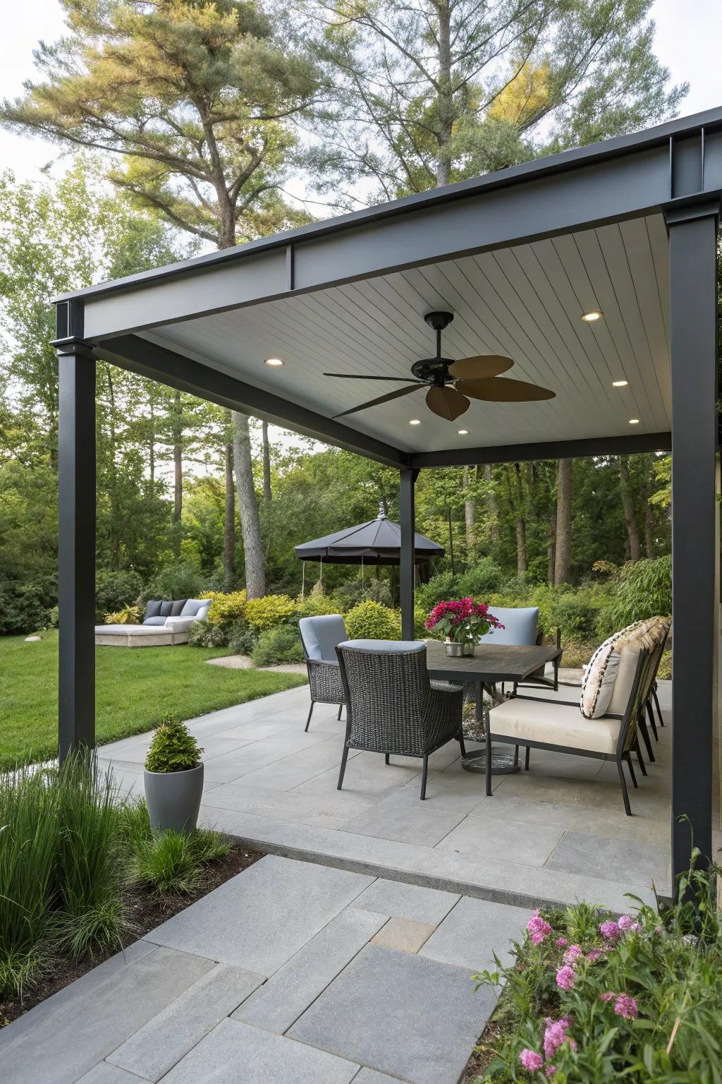 Sleek fans provide a modern touch to any gazebo setting.