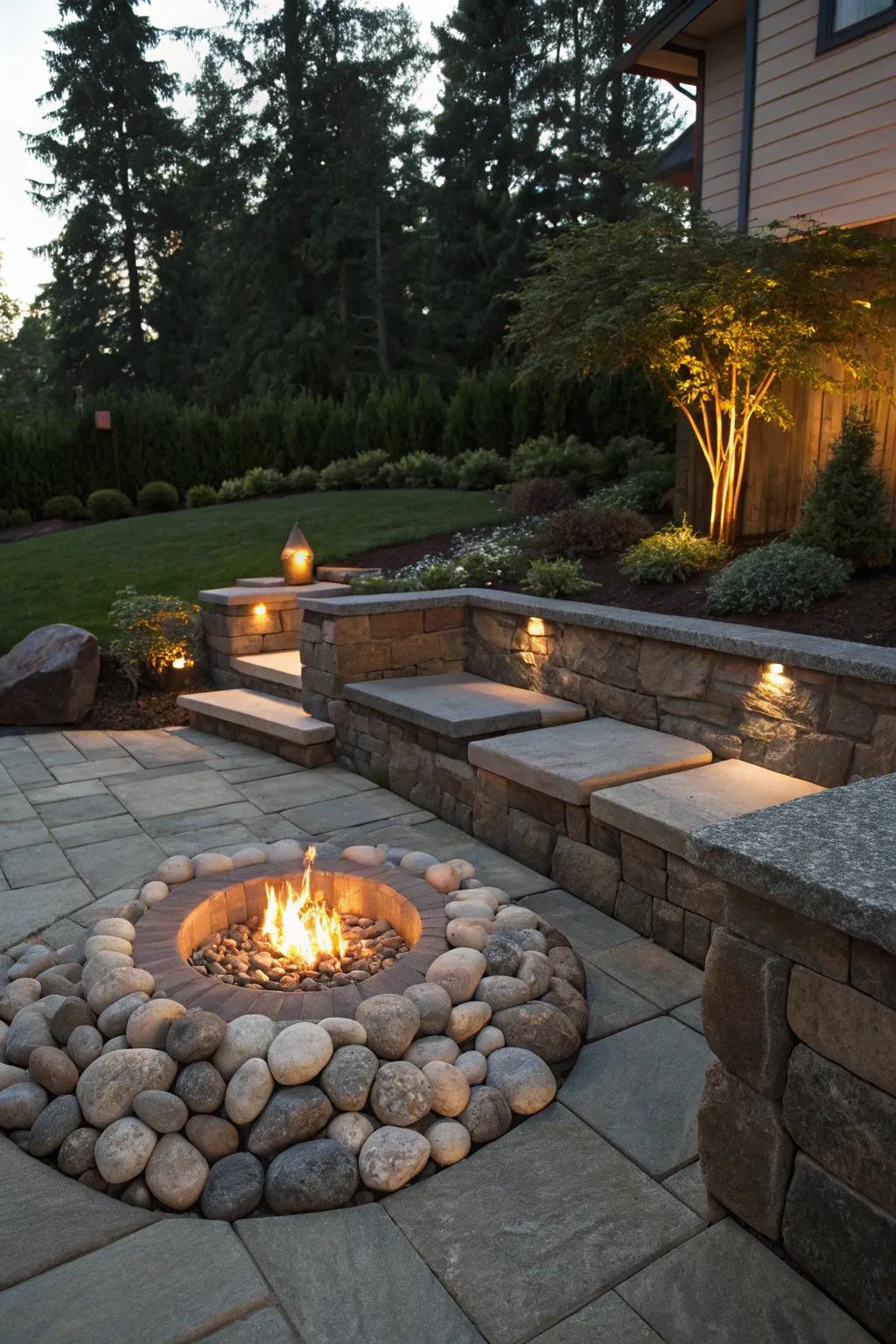 Built-in seating creates a cohesive and inviting space around the fire pit.