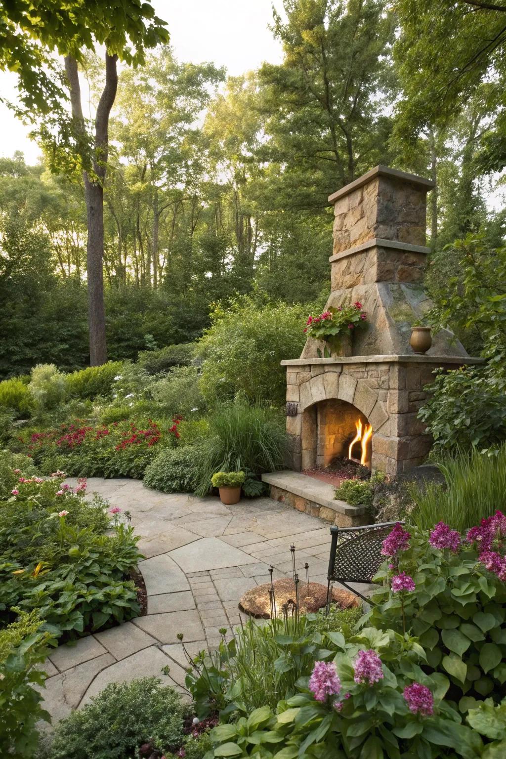 Seamlessly blending fire and flora for a tranquil space.