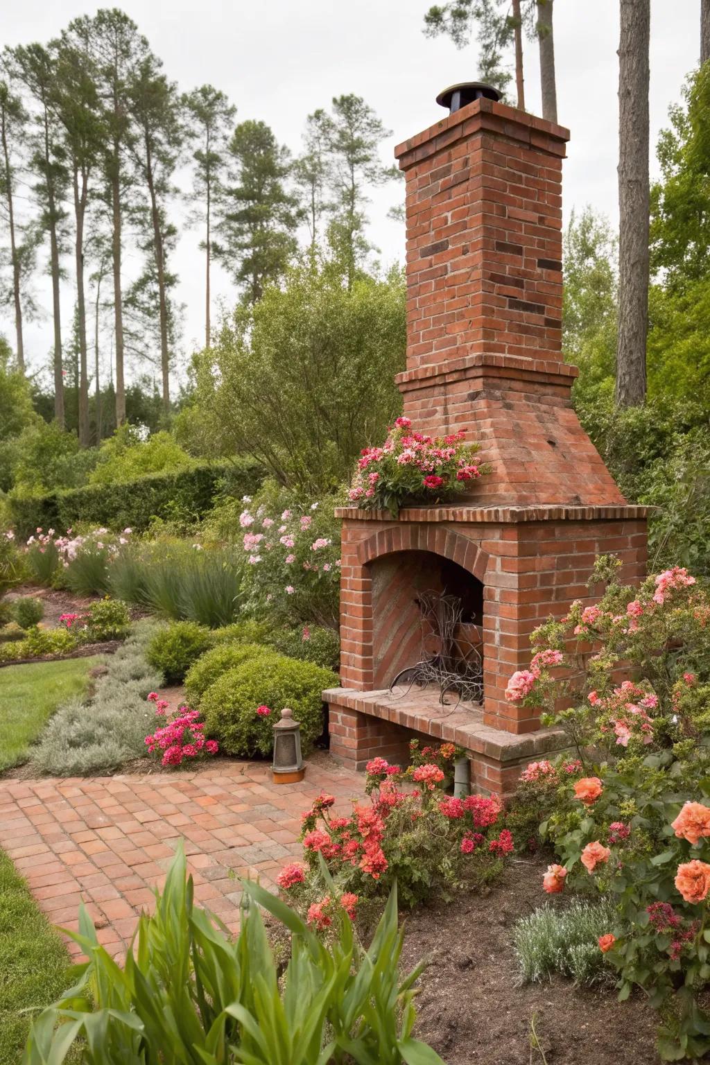 A classic red brick fireplace that stands as a beautiful garden centerpiece.