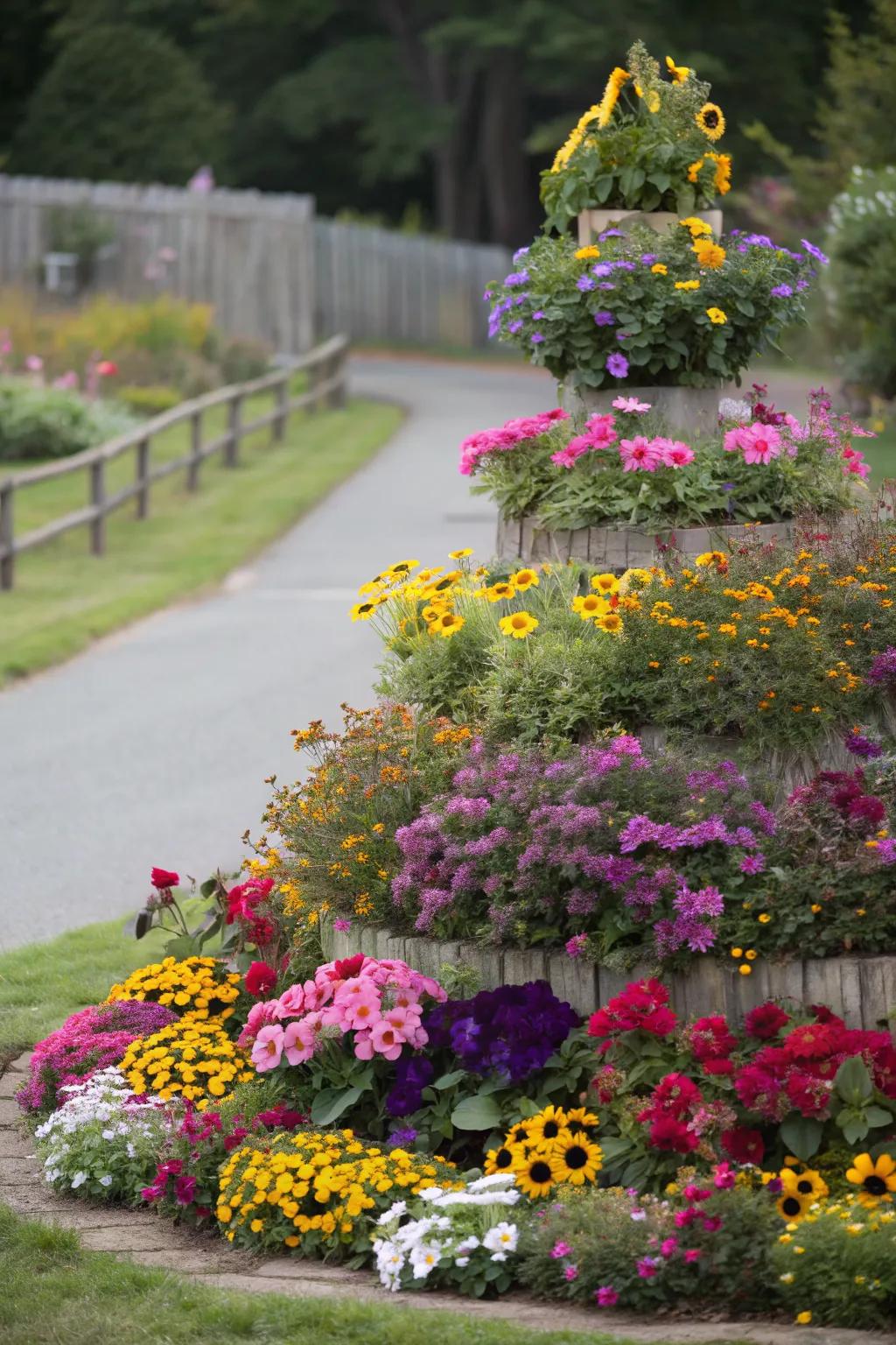 A dynamic flower bed showcasing various heights and textures.
