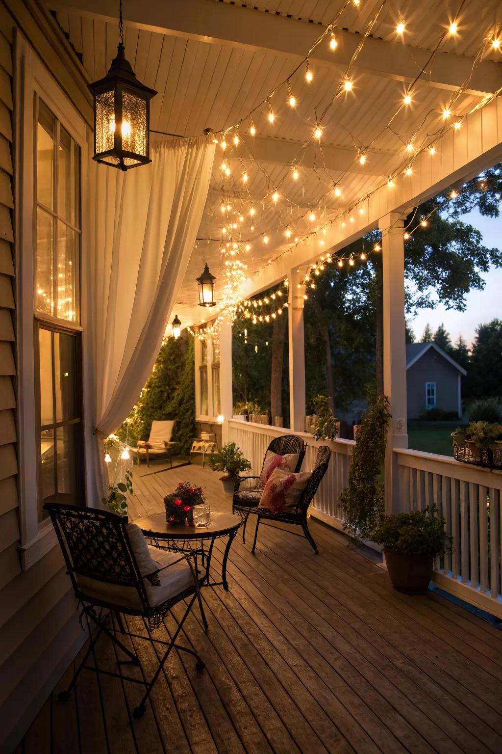 Ambient lighting transforms this porch into a magical evening retreat.