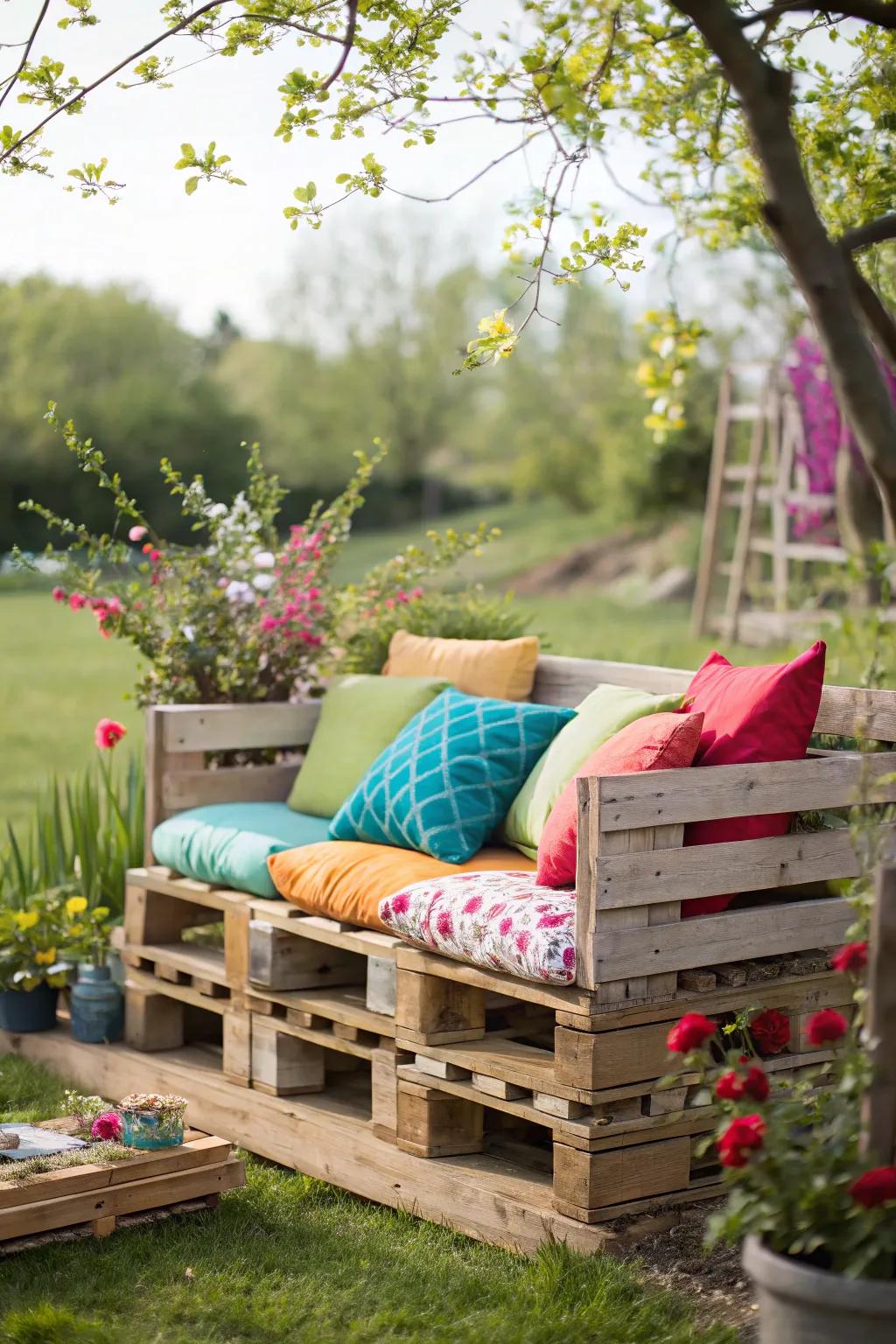 Creative and rustic pallet sofa with vibrant cushions