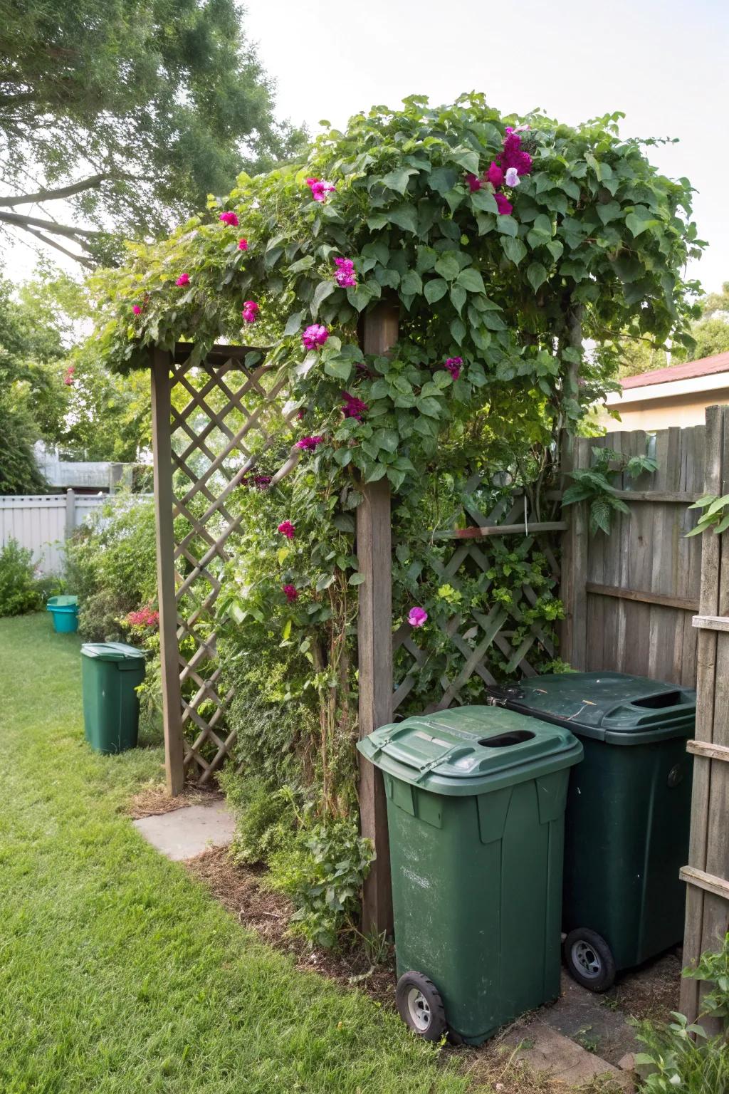 A garden trellis with vines expertly hides the garbage bins, adding charm to the garden.