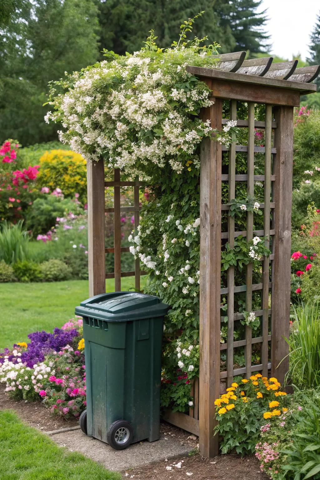 A trellis with climbing plants adds natural beauty while concealing bins.