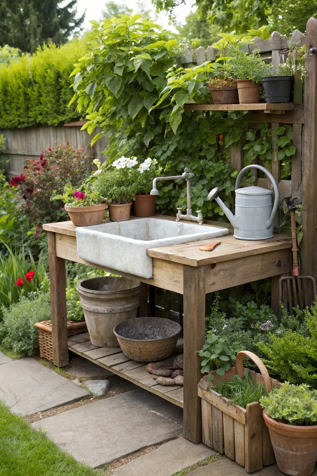 Create a multifunctional garden hub with an integrated sink and potting bench.