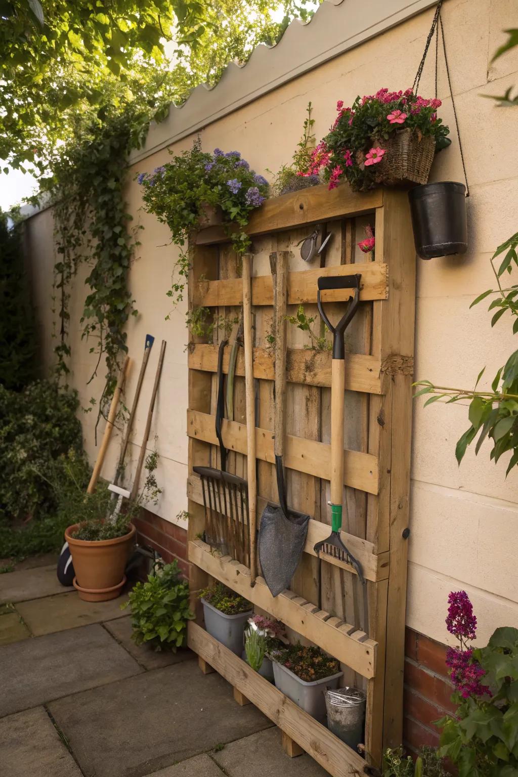 Pallet wall racks add rustic charm and functionality.