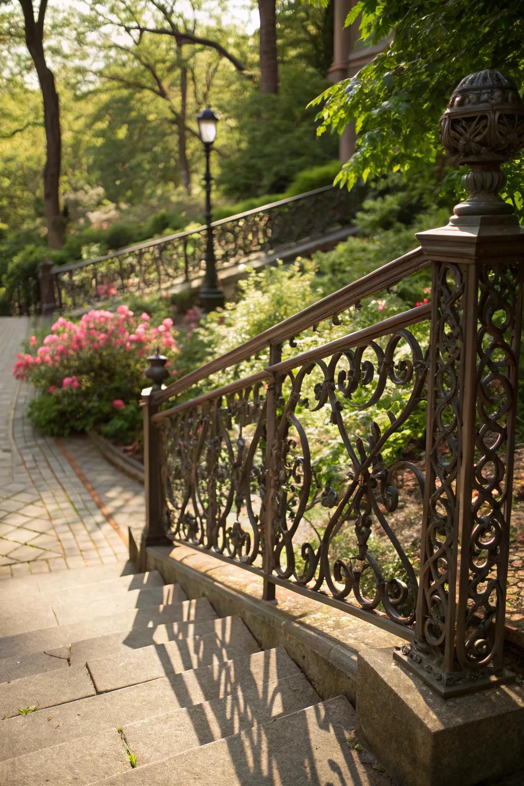 Wrought iron railings bring artistic flair to outdoor decor.