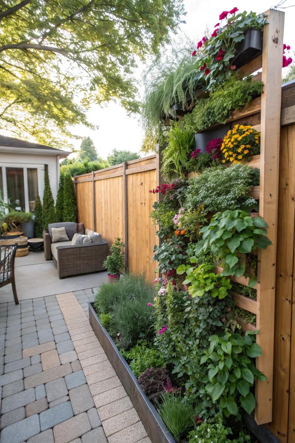 A lush vertical garden wall transforms a bare wall into a living artwork.