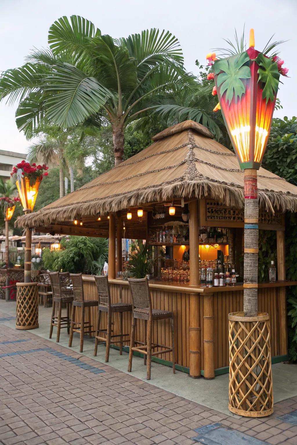 Tropical tiki-style outdoor island bar.