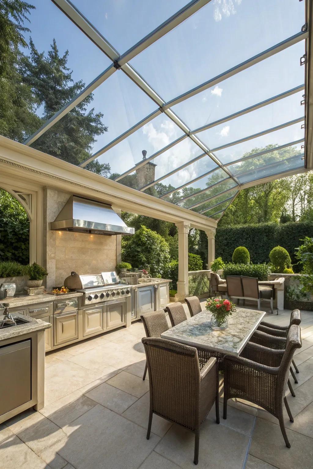 A transparent roof canopy offers protection while maintaining an airy atmosphere.