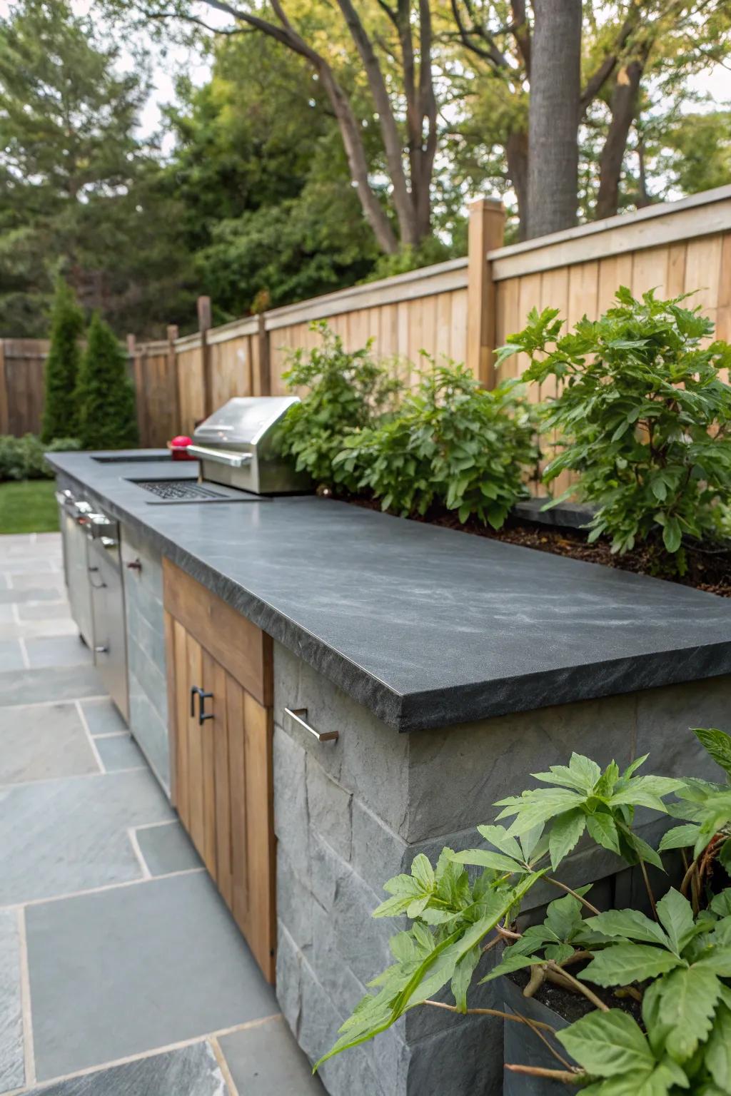 Sleek soapstone: elegant simplicity for your outdoor kitchen.