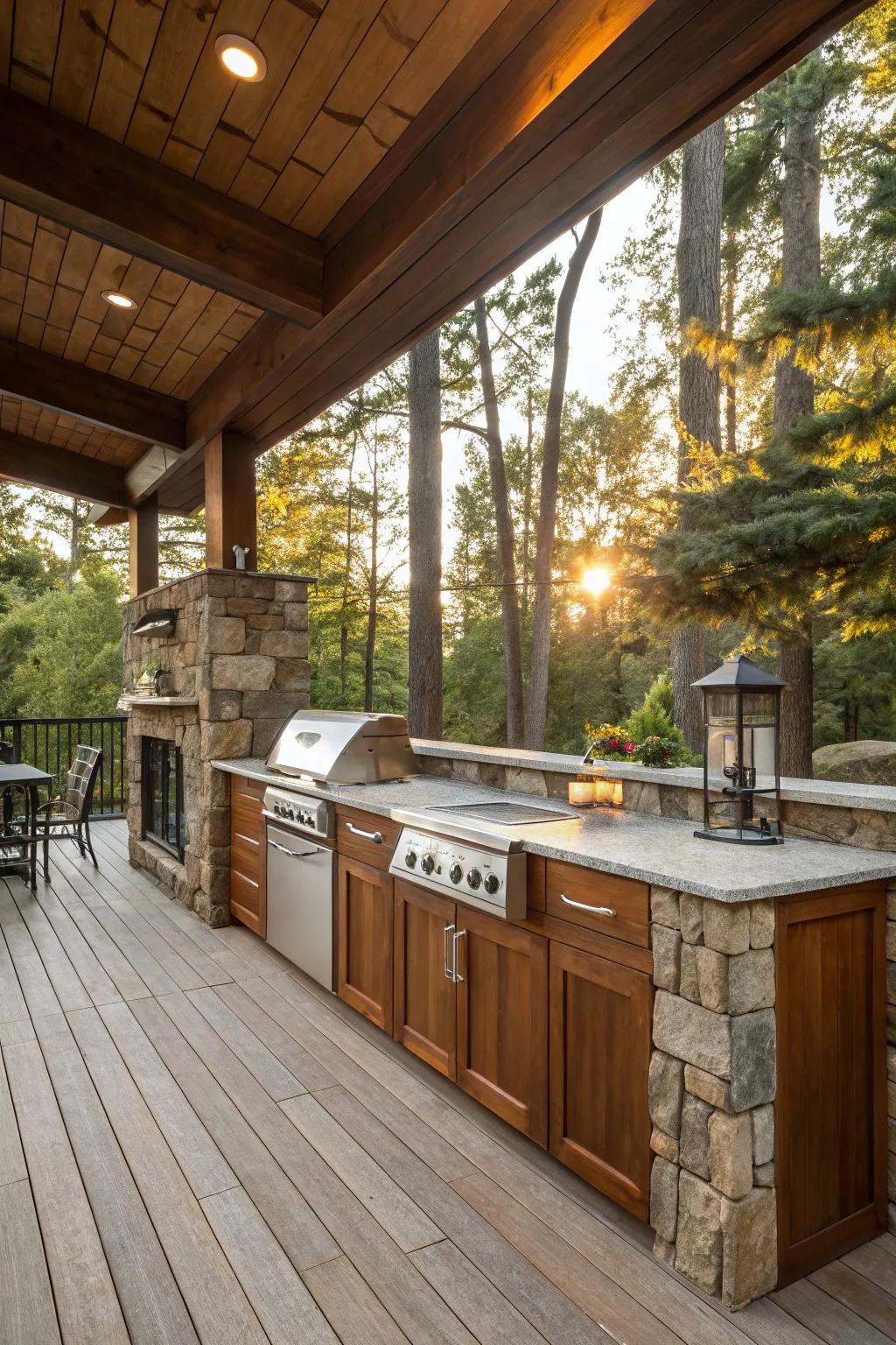 An outdoor kitchen that beautifully integrates natural materials.